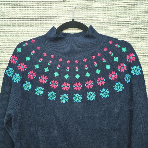Talbots Sweater Dress Womens Medium Navy Embroidered Yoke Fair Isle Holiday New - Picture 4 of 8